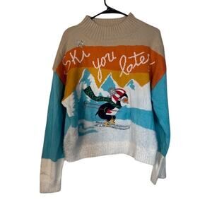 Major Label Penguin Skiing Graphic Fuzzy Sweater Blue Multicolor Women Sz XL